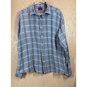UNTUCKit Mens Garzon Long‎ Sleeve Button Up Shirt Cotton Linen Blue Plaid Large